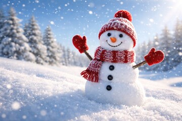 Obraz premium Holiday season magic captured with a playful snowman on a sparkling snowy plain beneath blue skies