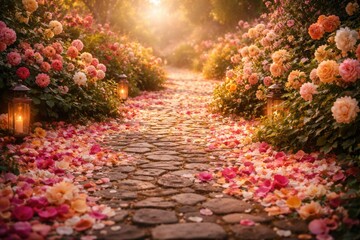Fototapeta premium Bright floral petals and radiant blooms decorating a rustic cobblestone path with dreamy atmospheric lighting