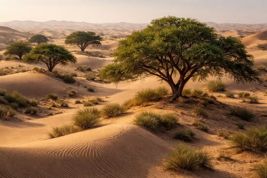 Desert sand dunes with thriving Ghaf trees adapted to drought and halting desertification