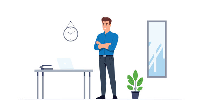 A man in a blue shirt with his arms crossed stands next to a wooden desk featuring a laptop and a potted plant in a minimalist modern office interior setting.