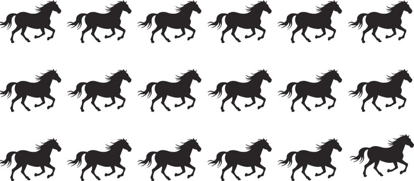 Three Rows of Black Silhouette Horse Figures in Galloping Motion horses animal