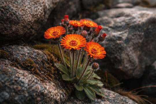 Hardy orange hawkweed flowers blossoming in rough stone setting