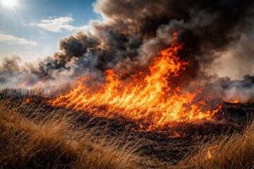 Fototapeta premium Dry grass fire blazing with smoke and ash under bright sunny sky causing ecological harm