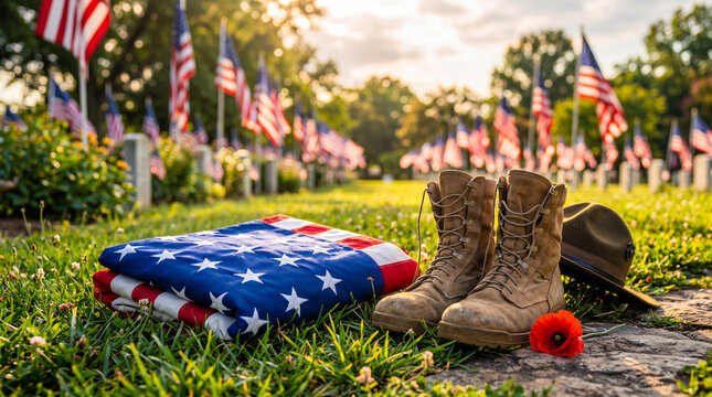 Military boot hat and american flag on cemetery grass with red poppy flower. Memorial day remembrance of fallen soldiers. Veterans day tribute and honor concept in peaceful outdoor setting