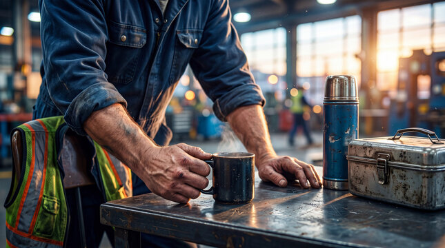 Factory worker holding steaming coffee mug at workbench. Man in hi-vis vest with thermos and rusty toolbox nearby. Blue-collar break time and industrial labor concept