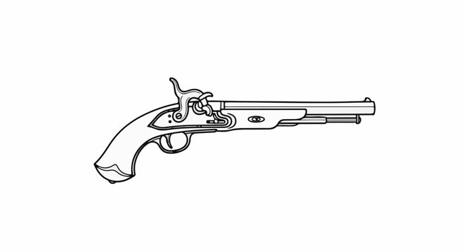Line drawing of a historical single-shot pistol with ornate detailing