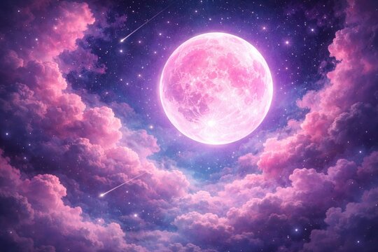 Artistic pink moon and starry clouds image prepared for photo editing use