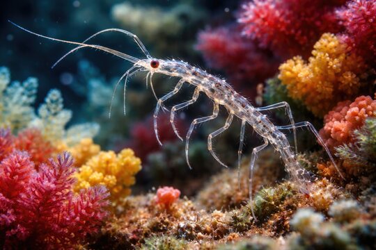Bright marine life capture of active skeleton shrimp pet exploring colorful coral formations underwater