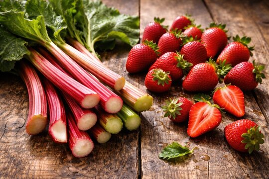 Natural textured wood surface with fresh rhubarb and ripe strawberries arranged