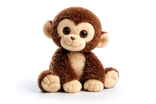 isolated toy monkey doll positioned on a bright white surface