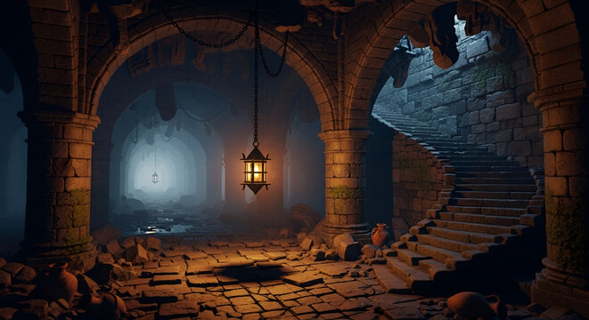Mysterious Ancient Dungeon Interior with Hanging Lantern and Spiral Staircase.