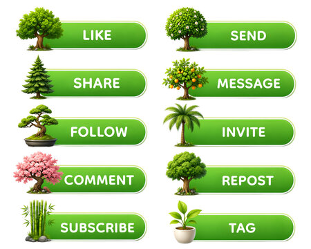 Green Nature Tree 3D Glossy Social Media UI Button Set with Like Share Follow Comment Subscribe Send Message Invite Repost Tag Text, Forest Garden Tree Icons, Rounded Interface Design, Isolated 