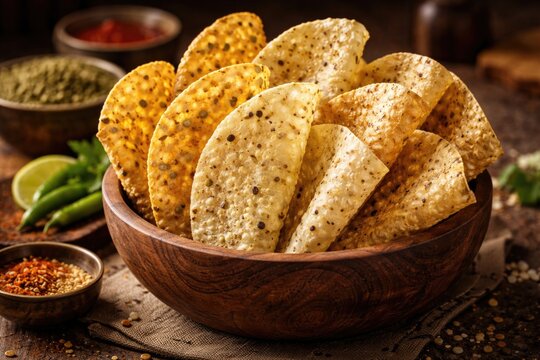 Indian snack of crispy mung and urad dal papad arranged in a handcrafted wooden bowl
