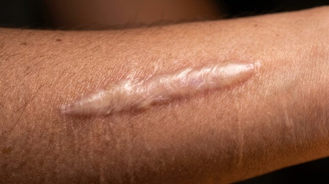 Close-up of a scar on human skin, showing healing and texture details.
