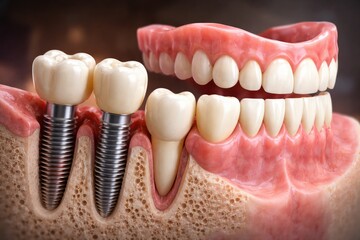 Obraz premium Conceptual dental diagram displaying crowns on implants alongside natural teeth and dentures