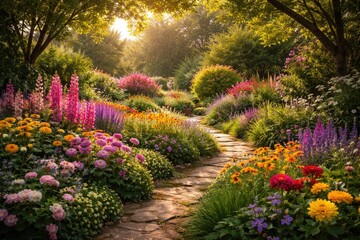 Obraz premium garden scene alive with vivid flowers and lush green plants on a warm spring afternoon