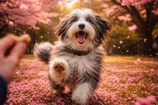 Excited bearded collie enjoying training session surrounded by pink leaves