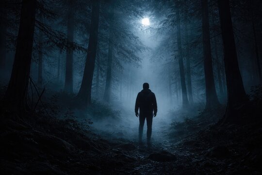 Fog covered woodland in moonlight showing shadowy trees and a main character silhouette in digital art