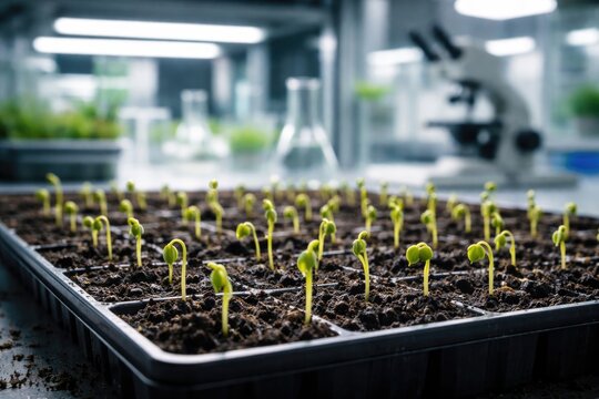 Crop seeds germinating as green shoots in soil trays inside a scientific lab chamber with copy space