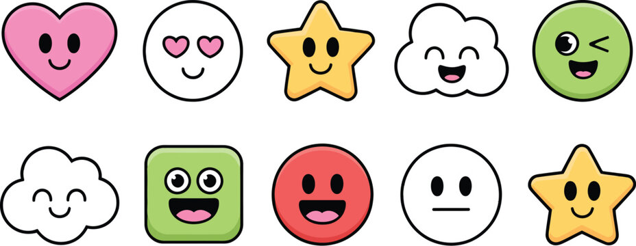Face smile emoji doodle icon sticker set cute kid doodle hand drawn style funny face emoji smile happy sad sticker funny cartoon emoticon heart star isolated on white background for playful messaging 