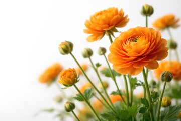 Naklejka premium Detailed orange flower blooms accompanied by green stems and new buds over a white background copy space