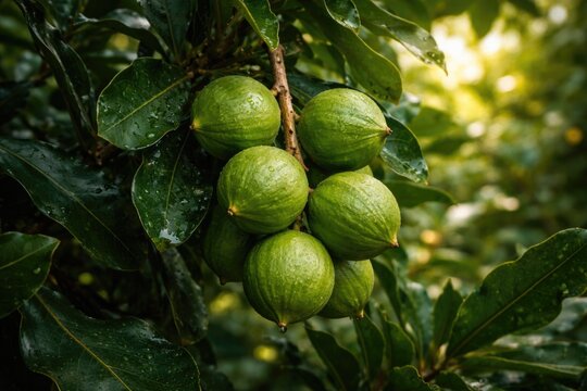 Early stage macadamia nuts growing on dense tree foliage