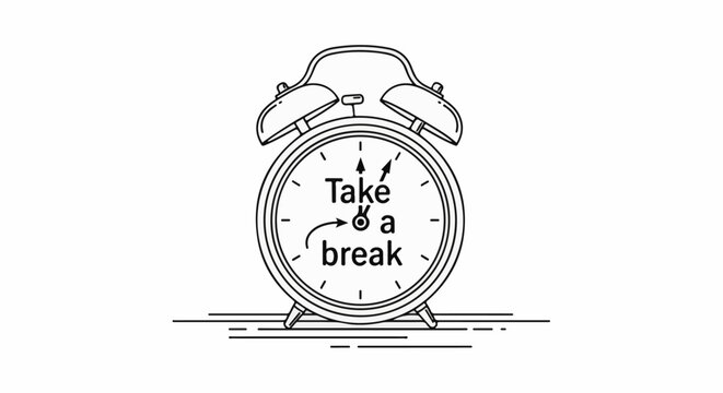 Retro alarm clock with bold text on face encouraging a pause