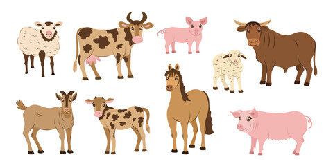 Fototapeta premium Cute farm mammals clip art bundle. Domestic animal set with cow, bull, calf, horse, sheep, lamb, goat, pig and piglet. Cartoon illustration for kids learning.