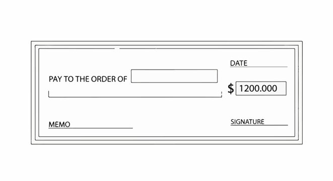 A check with fields for date, payee, memo, amount, and signature