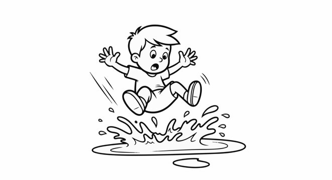 Cartoon boy jumping in a puddle, splashing water in joy and surprise