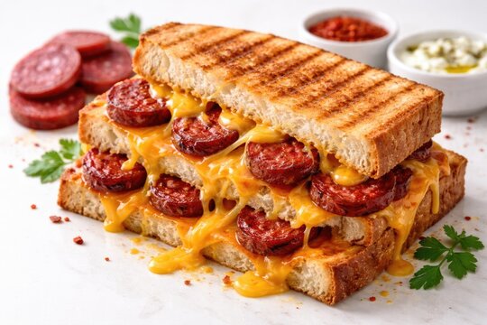 Hearty Turkish toast loaded with rich cheddar cheese and succulent sucuk slices on clean white background