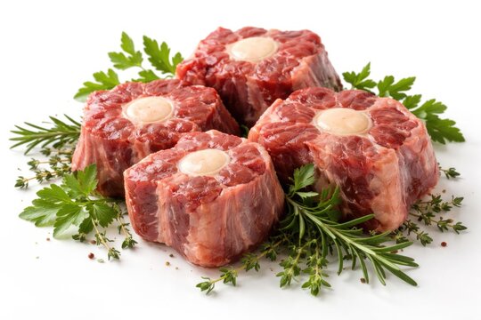 Juicy oxtail cuts decorated with fresh herb sprigs on a crisp white background ideal for gourmet advertising