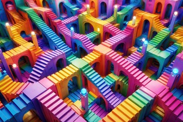 Fototapeta premium Detailed vibrant stair structures forming a surreal maze with an abstract game inspired theme