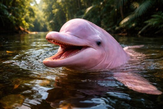 Cheerful pink river dolphin showing teeth while gliding in rainforest waters