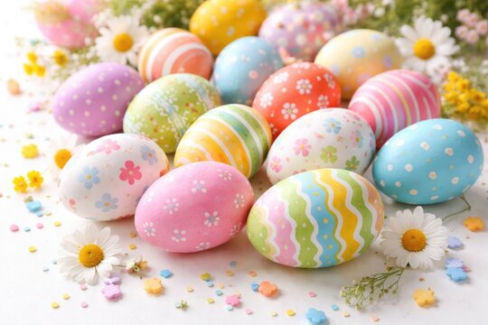 Cheerful arrangement of Easter eggs with festive patterns on pristine white base