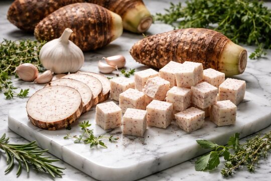Fresh taro root pieces on smooth marble slab accompanied by garlic and herbs for cooking