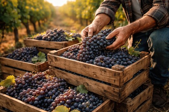 Farmers handpicking vineyard grapes placed in natural storage crates