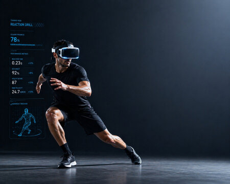 VR Reaction Training Athlete In Virtual Reality Drill Vr Reaction Training Performance Simulation Vr Reaction Training Sports Technology Concept