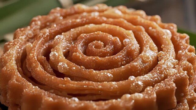 Closeup of a delicious goldenbrown Jalebi sweet spiral dessert.
