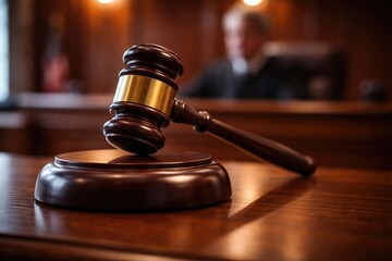 Obraz premium Courtroom judge gavel positioned over smooth wood and soft background