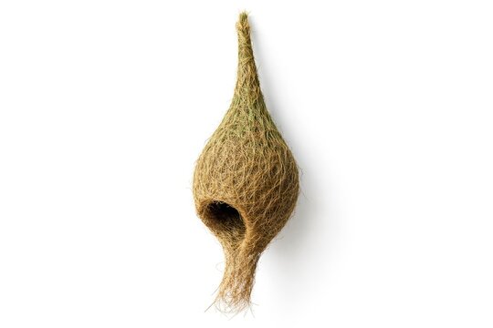 Bright white backdrop highlighting a single Baya Weaver nest detail