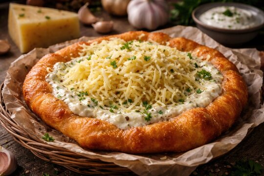 Hungarian street snack of langos flatbread layered with creamy garlic and cheese
