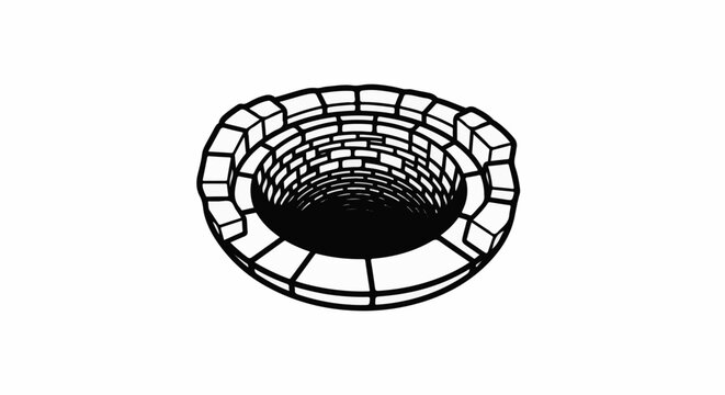 An overhead illustration of a brick-lined well dropping into dark depths