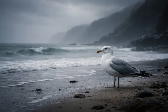 Alone seagull on misty coastline with overcast weather