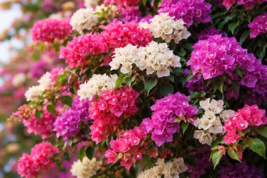 Lush spring bougainvillea plant with contrasting white flowers and colorful pink purple bracts