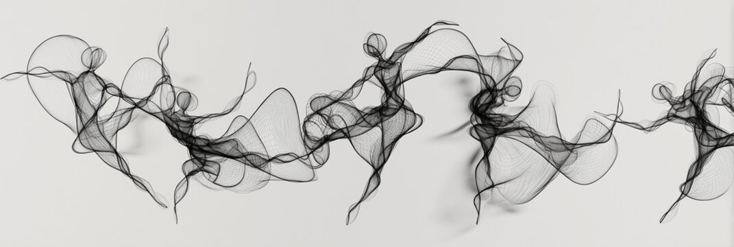 Abstract wireframe mesh silhouettes of dancing people, black thin lines creating fluid motion on white background