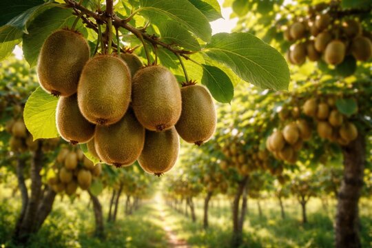 Fresh kiwi fruits developing on vibrant green kiwi tree in natural orchard