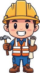 Fototapeta premium A cartoon construction worker wearing a hard hat holds a hammer and blueprints smiling.