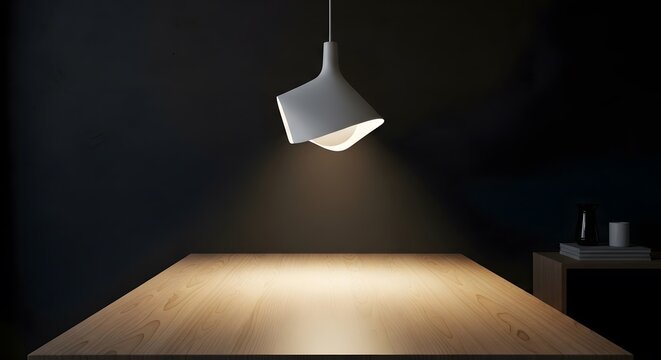 A modern white pendant light hangs over a wooden table in a dark room.