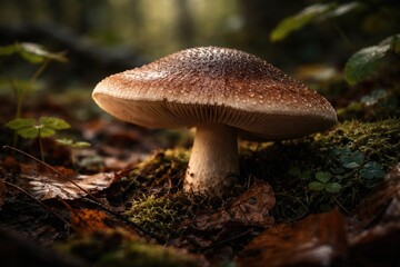 Fototapeta premium focused close up of a mushroom cap on leafy forest floor